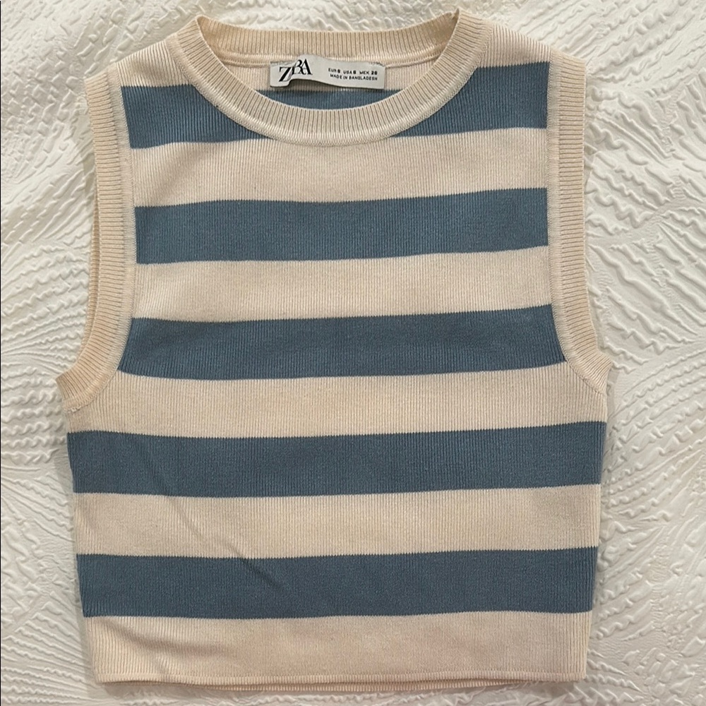 Zara Blue and White Striped Sleeveless Top
